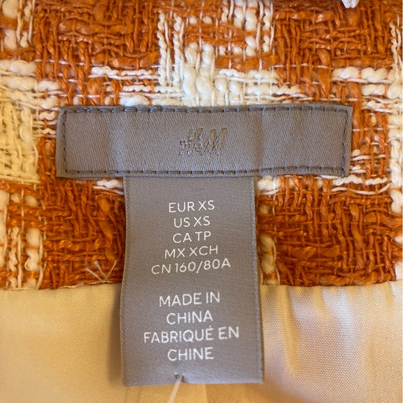 H&M Orange Ivory White Tweed Houndstooth Check Blazer Gold Crest Buttons - Picture 6 of 9